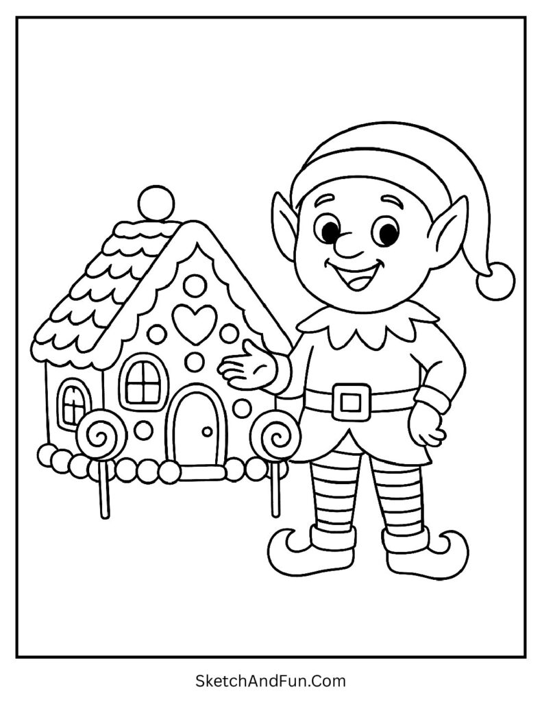 Elf with gingerbread house for christmas elf coloring sheet festive page