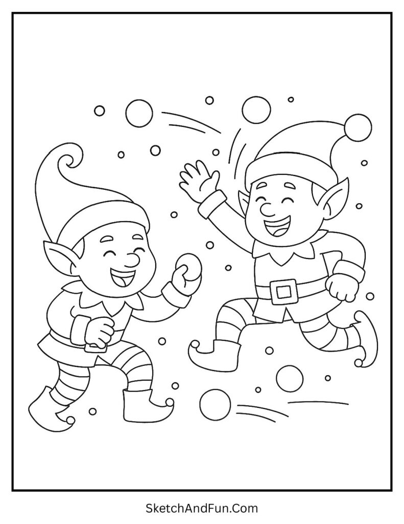 Elves laugh and throw snow, Christmas coloring pages fun activities playful.