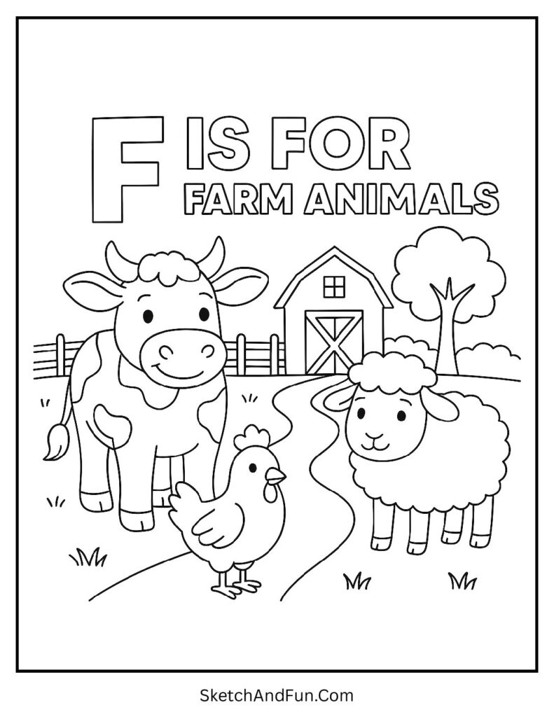 Farm animals cow chicken sheep for letter f coloring page preschool.