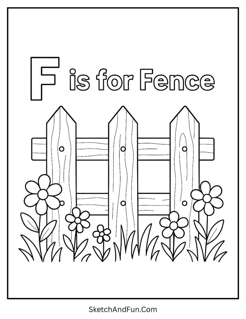 Fence with flowers for letter f coloring page template.