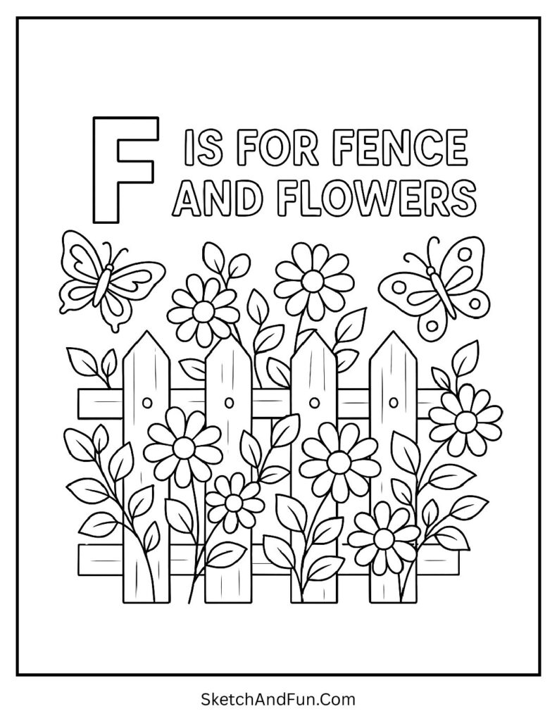 Fence with flowers for letter f coloring activity page.