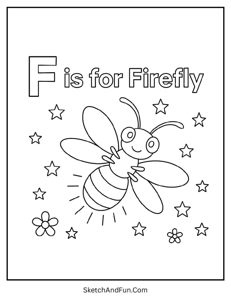 Glowing firefly at night for letter f coloring page uppercase and lowercase.