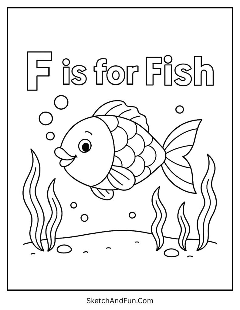 Cheerful fish with bubbles for letter F coloring pages with fox frog fish.