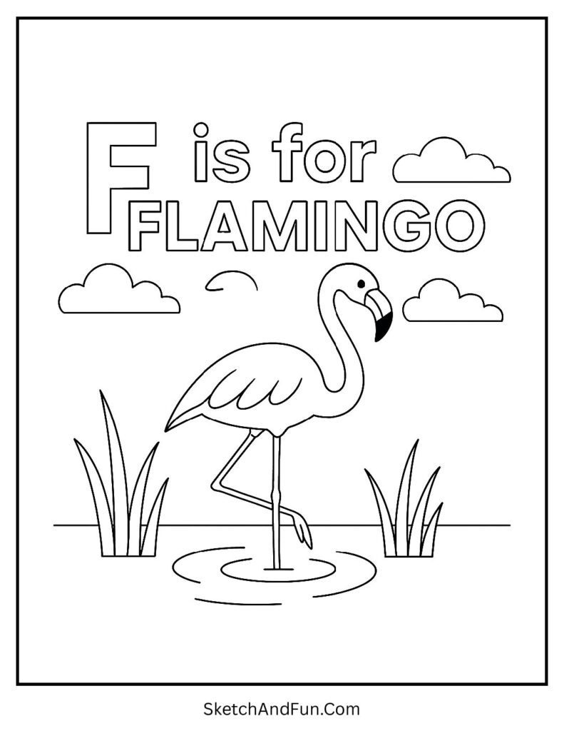 Tall flamingo in water for letter f coloring page preschool