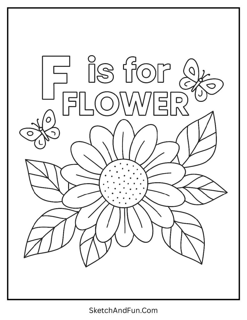 Big flower with butterflies for cute letter F coloring page.