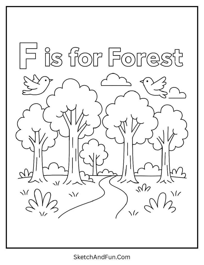 Forest with trees and birds for letter f coloring pages for kids.