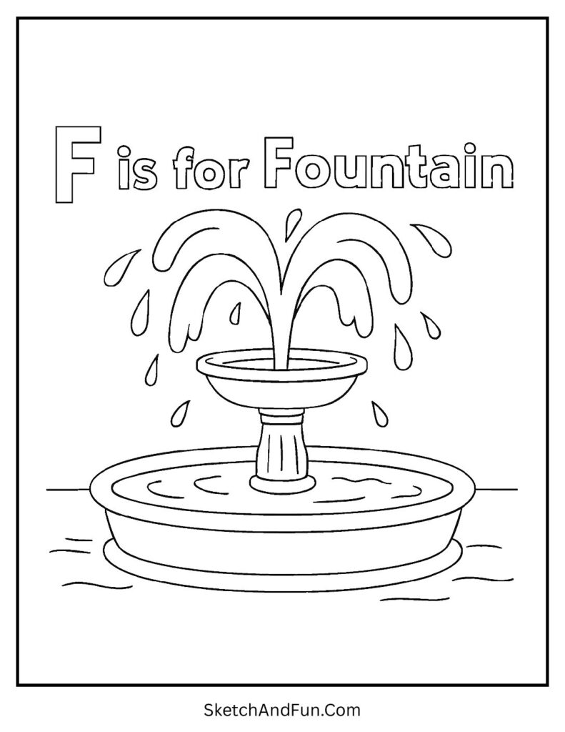 Splashing fountain for letter f coloring page PDF.