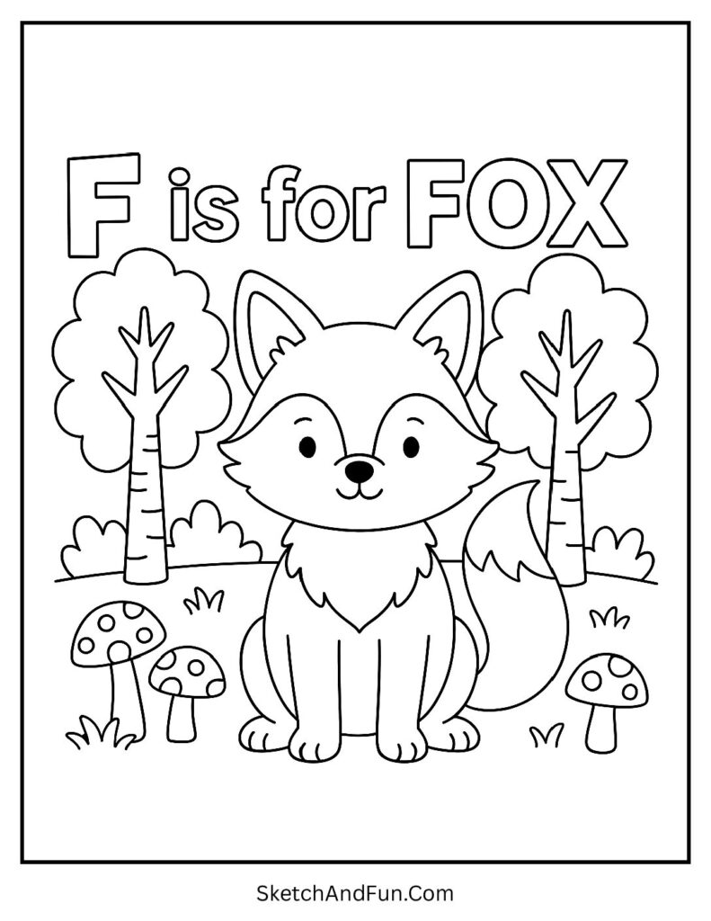 Fluffy fox near mushrooms for f is for coloring pages.