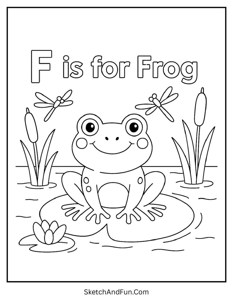Cute frog on a lily pad for letter F coloring pages animals.