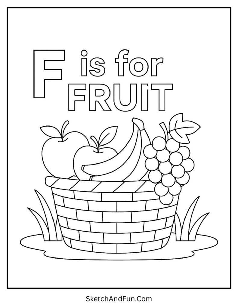 Basket of fresh fruit for letter f coloring page PDF download.