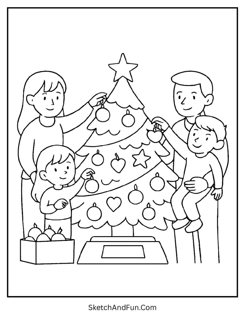 Christmas colouring pages family decorating tree together