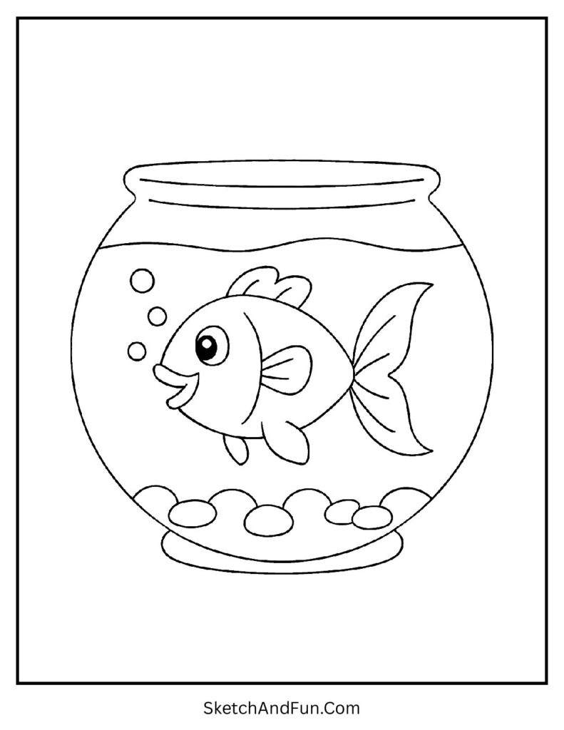 Fish swimming in a round bowl as thick line coloring pages easy.