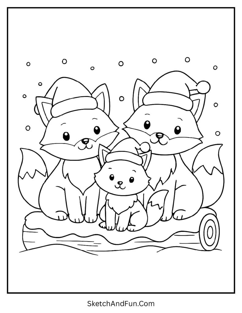Fox family near snowy log, Christmas coloring pages winter animals festive.