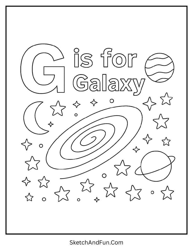 G is for Galaxy uppercase and lowercase letter G coloring pages with stars and planets
