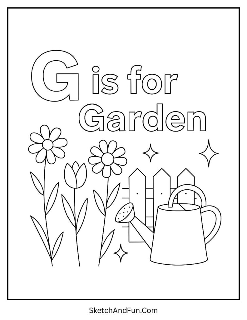 G is for Garden letter G coloring pages for toddlers with flowers, watering can, and fence