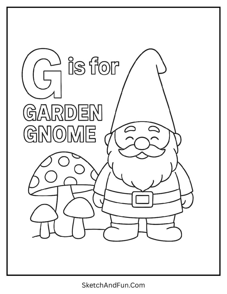 G is for Garden Gnome letter G outline coloring page with a gnome and mushrooms