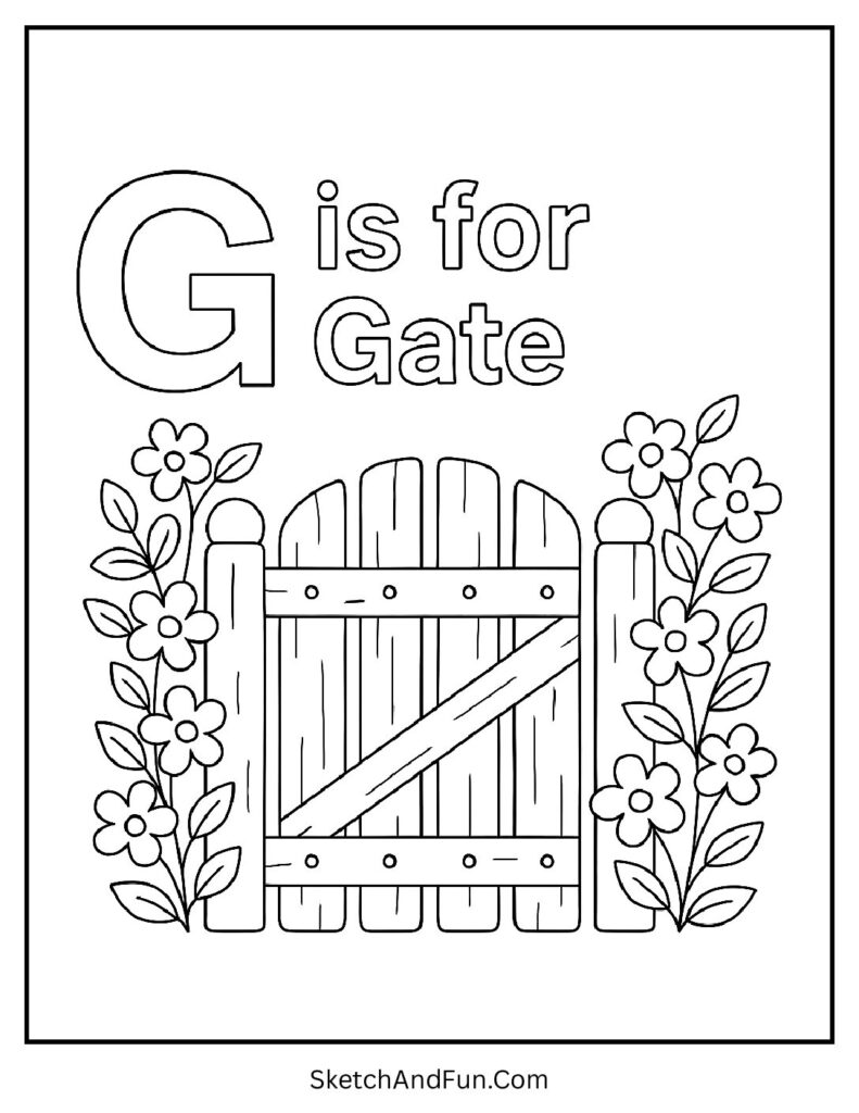 G is for Gate simple letter G coloring sheets with a wooden gate and flowers
