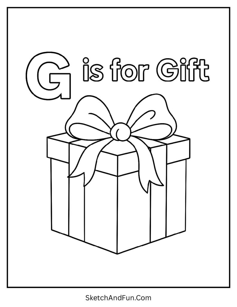 G is for Gift letter G coloring book page with a wrapped gift box and bow