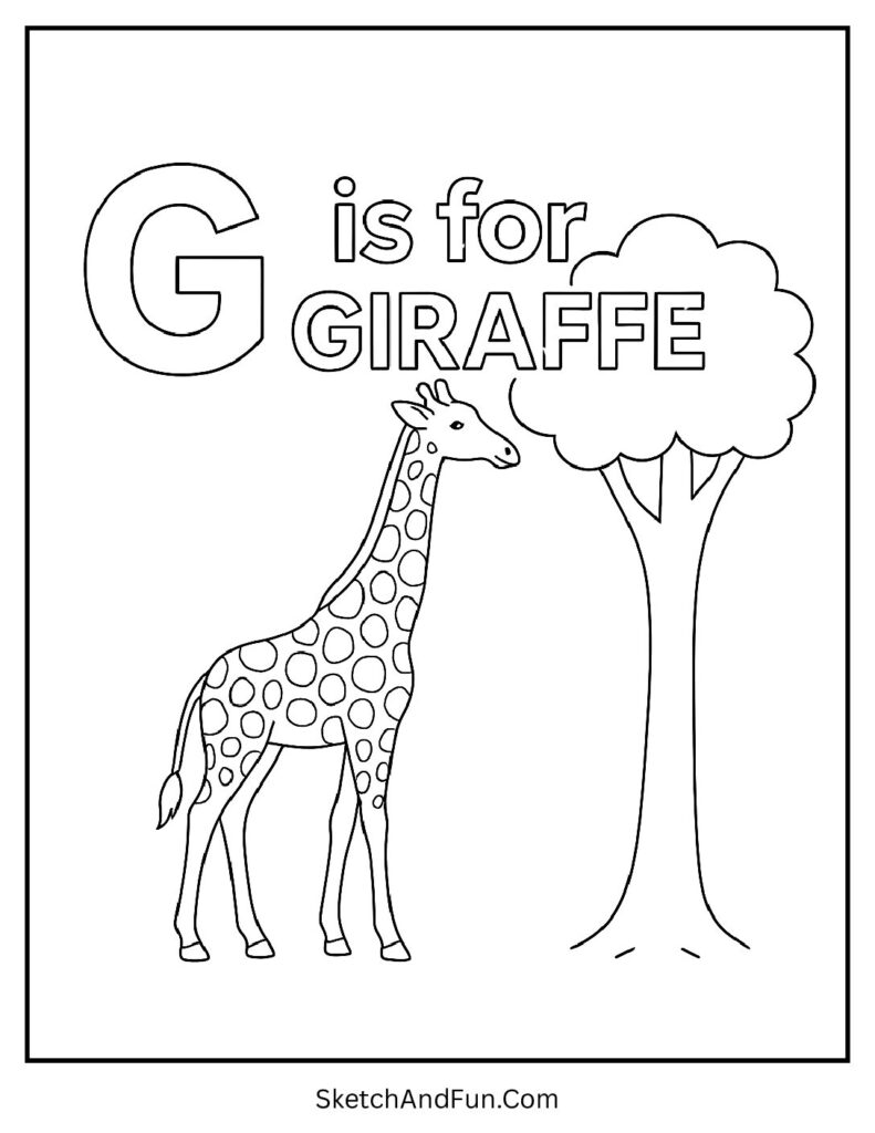 G is for Giraffe letter G and picture coloring page for kids with a tall giraffe under a tree