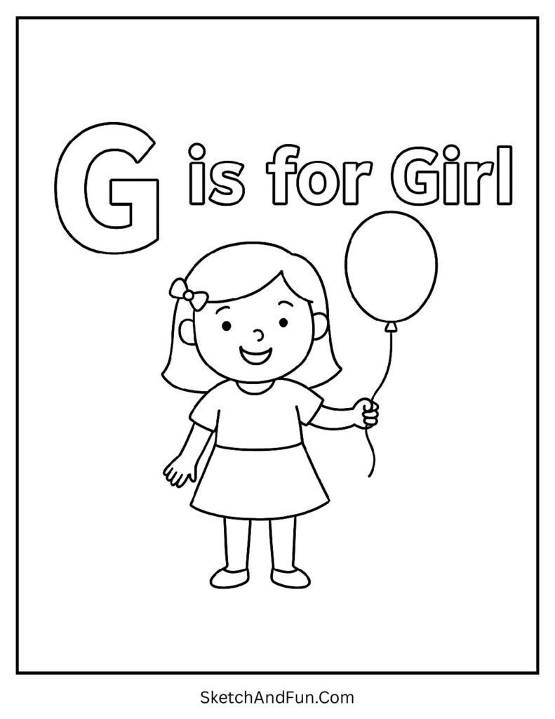G is for Girl letter G coloring pages free download featuring a smiling girl with balloon