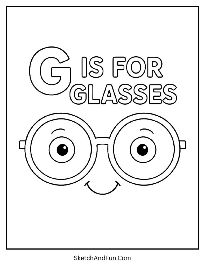 G is for Glasses cursive letter G coloring page printable with big round glasses