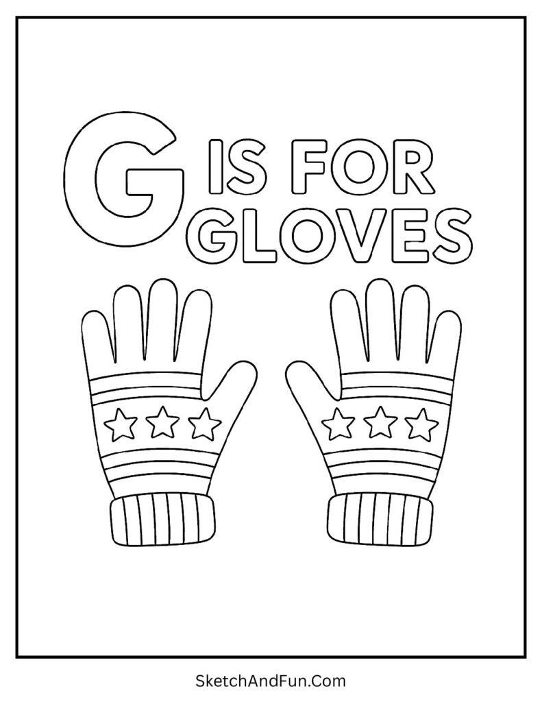 G is for Gloves letter G writing and coloring sheet featuring a pair of patterned gloves