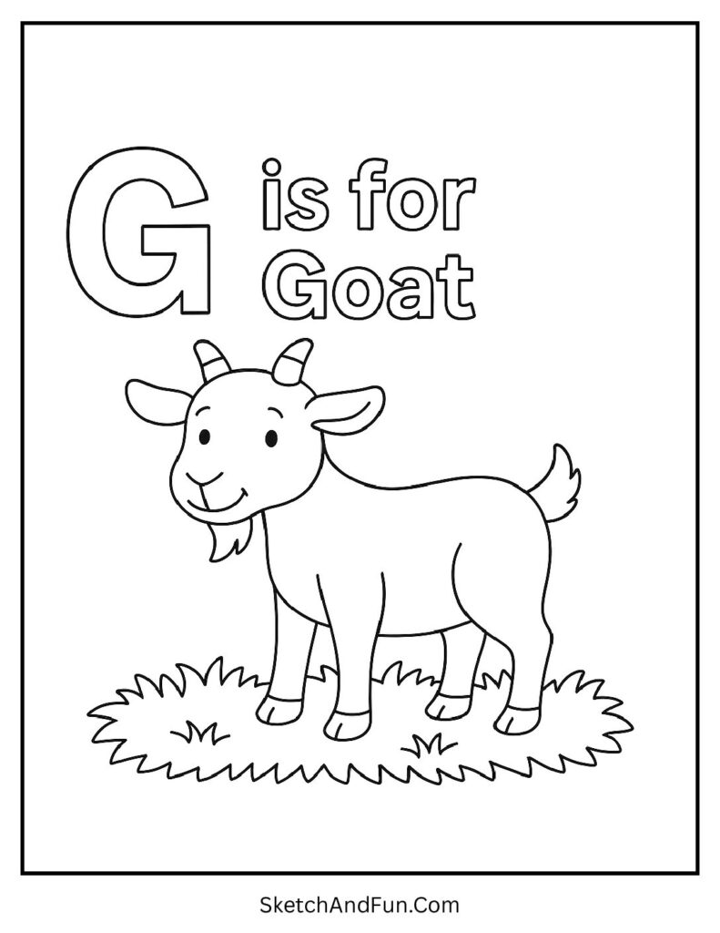 G is for Goat letter G coloring page with animals showing a friendly goat on grass