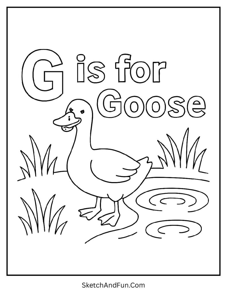 G is for Goose letter G coloring pages for kindergarten showing a goose near a pond