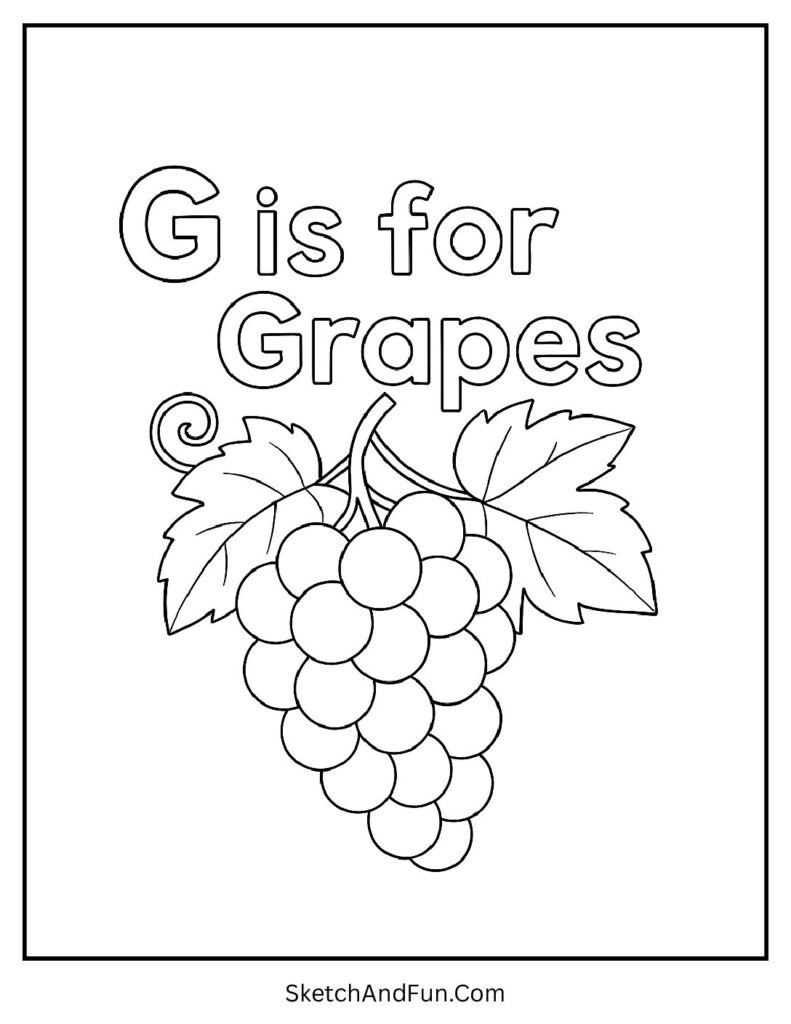 G is for Grapes alphabet letter G coloring worksheets featuring a big bunch of grapes