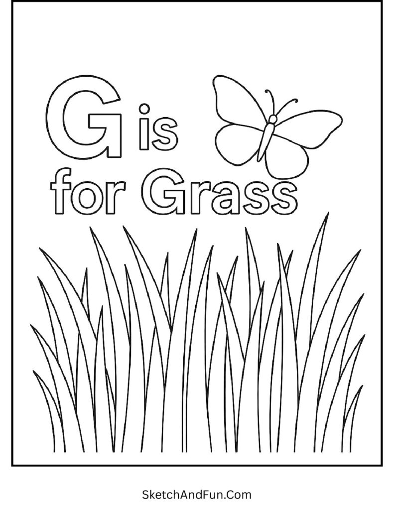 G is for Grass letter G coloring pages PDF showing tall grass with a butterfly
