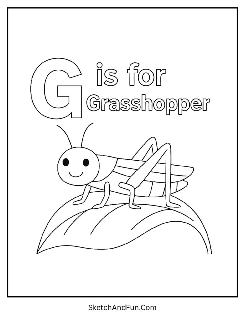 G is for Grasshopper letter G dot marker coloring pages with a grasshopper on a leaf