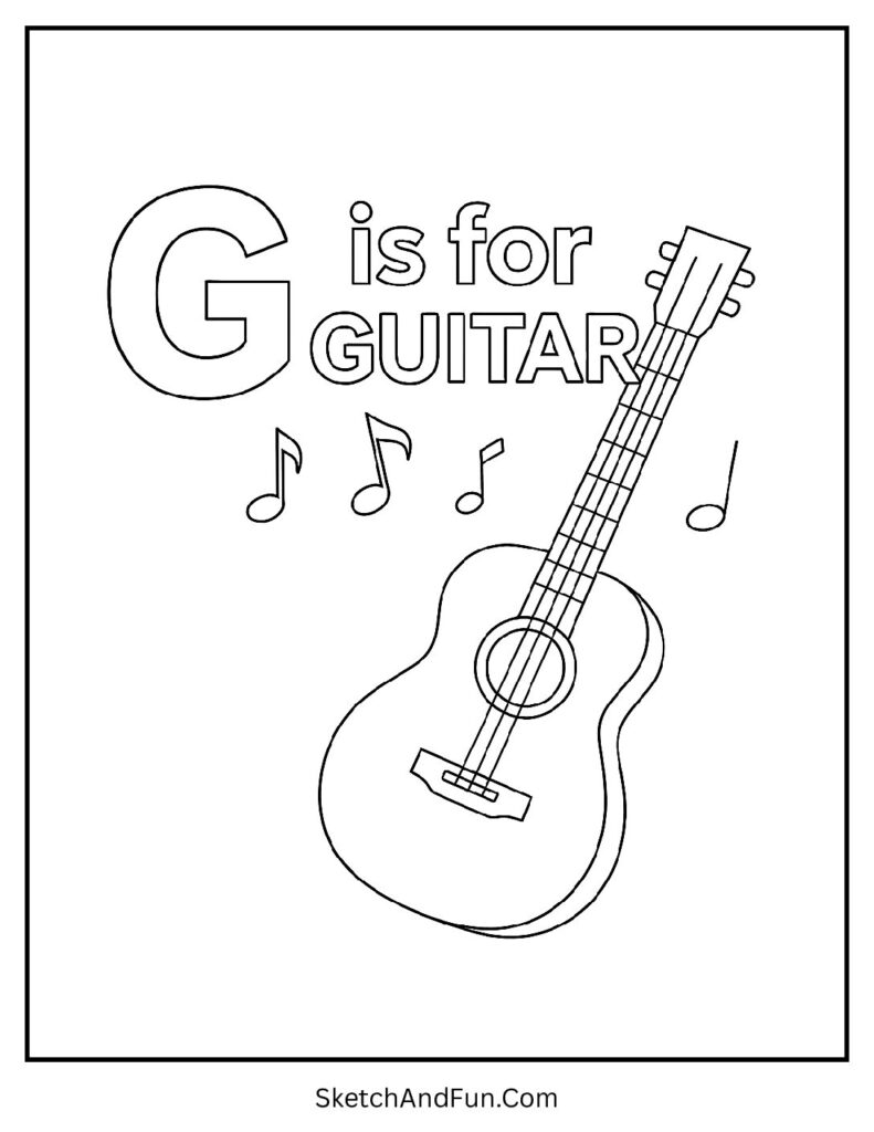 G is for Guitar letter G coloring theme coloring page set featuring a guitar with notes