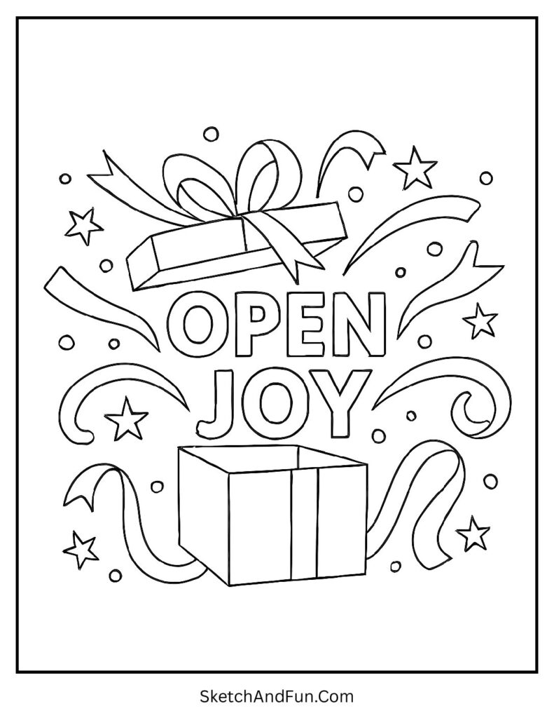 Christmas coloring pages gifts with Open Joy bursting present