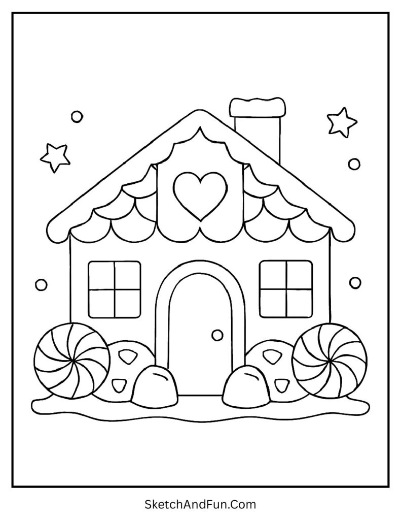 Christmas coloring pages fireplace gingerbread house with candy roof
