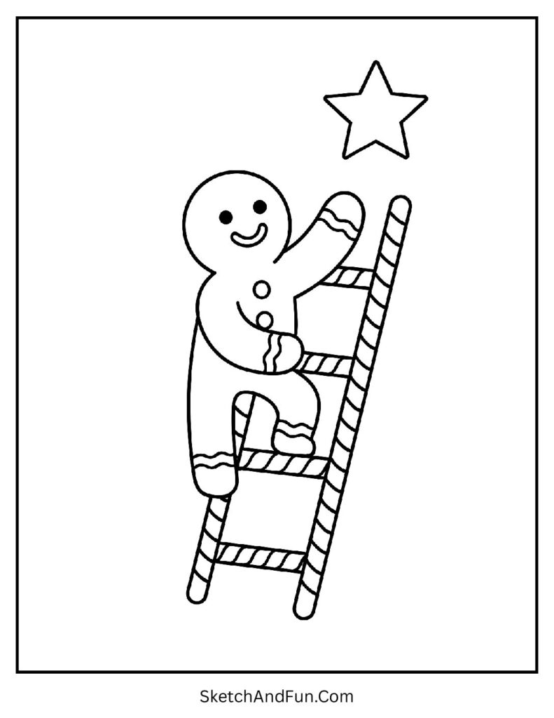 Gingerbread man coloring pages for adults showing a cookie climbing a candy cane ladder to a star.
