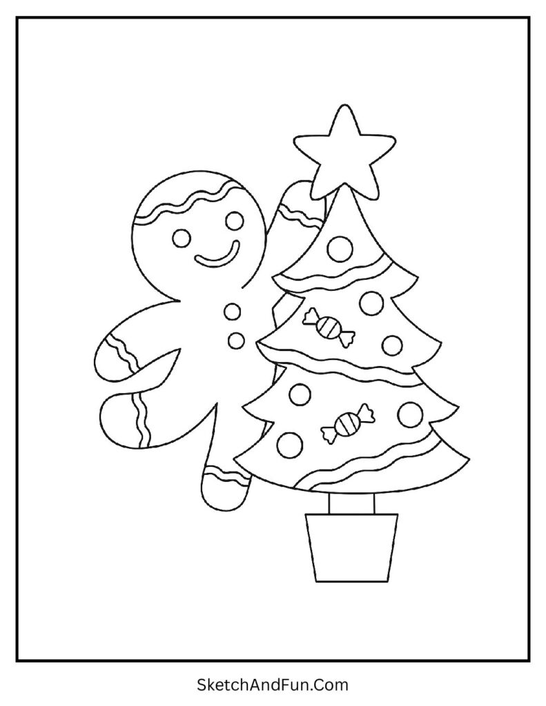 Gingerbread man coloring pages template featuring a cookie decorating a Christmas tree.