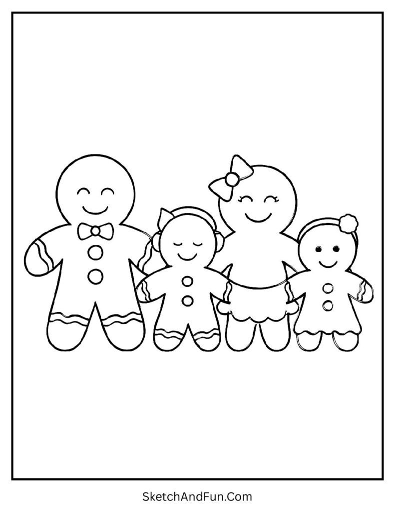 Gingerbread man coloring pages black and white of a sweet gingerbread family holding hands.