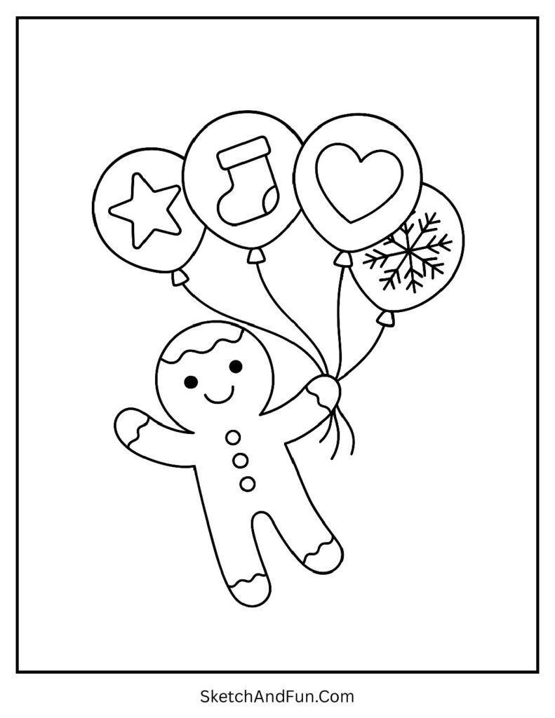 Gingerbread man coloring pages outline only featuring a cookie flying with Christmas balloons.