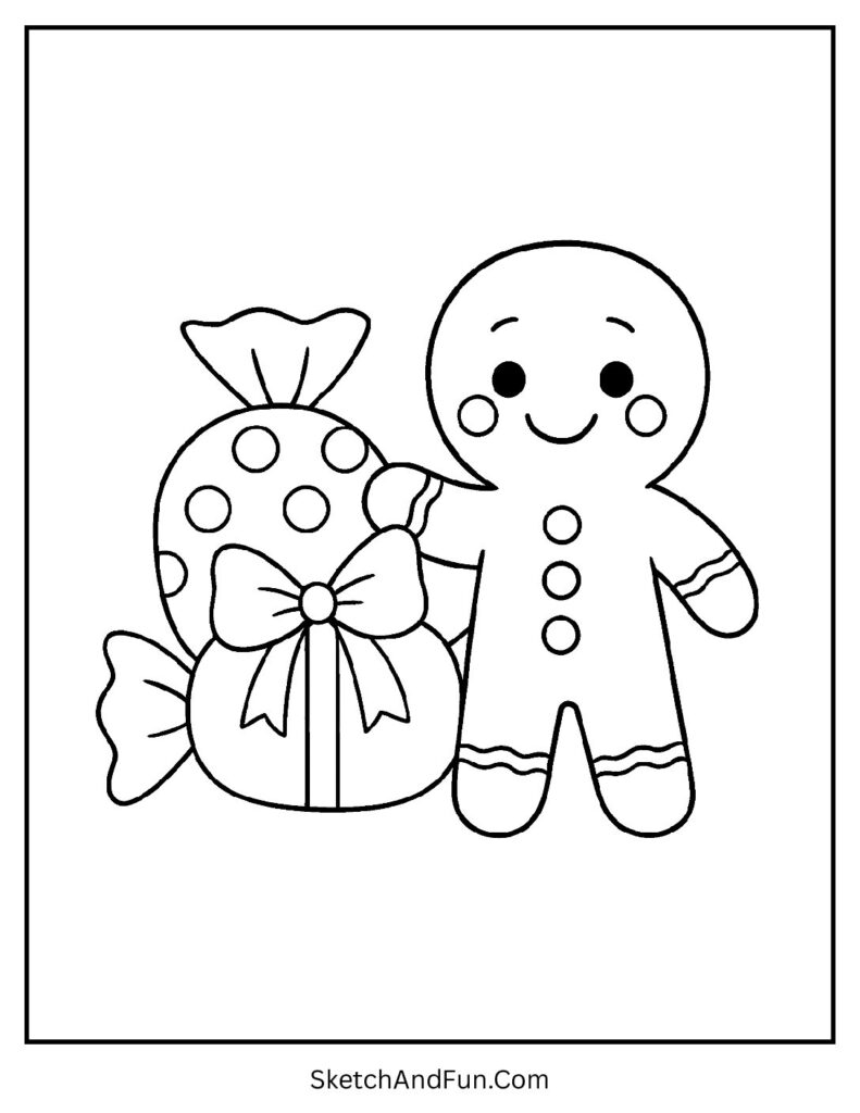 Gingerbread man coloring pages small of a cookie standing by candy-shaped gift presents.
