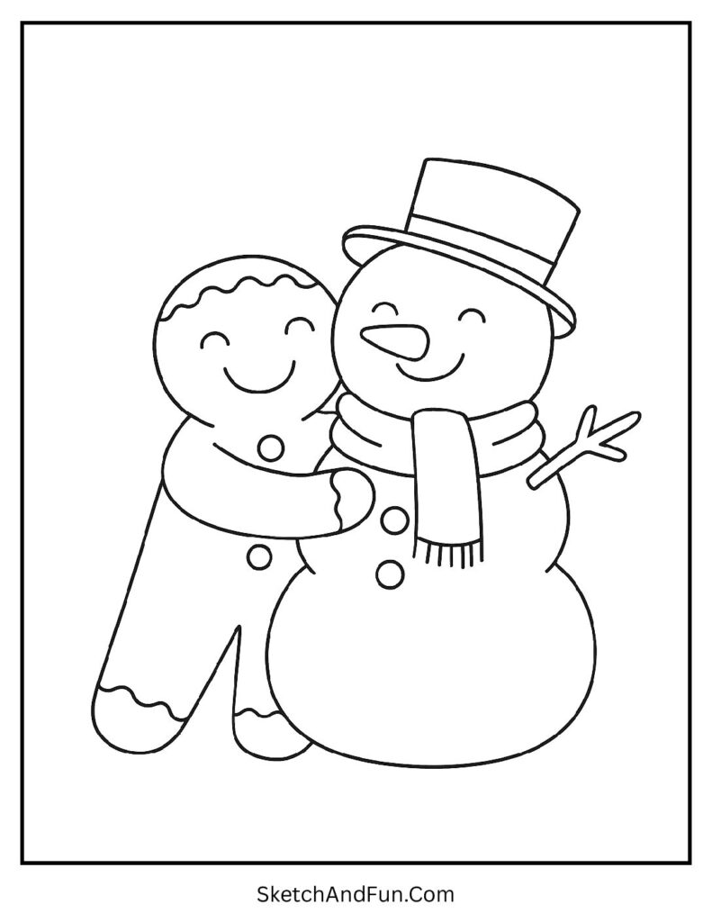 Gingerbread man coloring pages seasonal with a cookie hugging a happy frosty snowman.