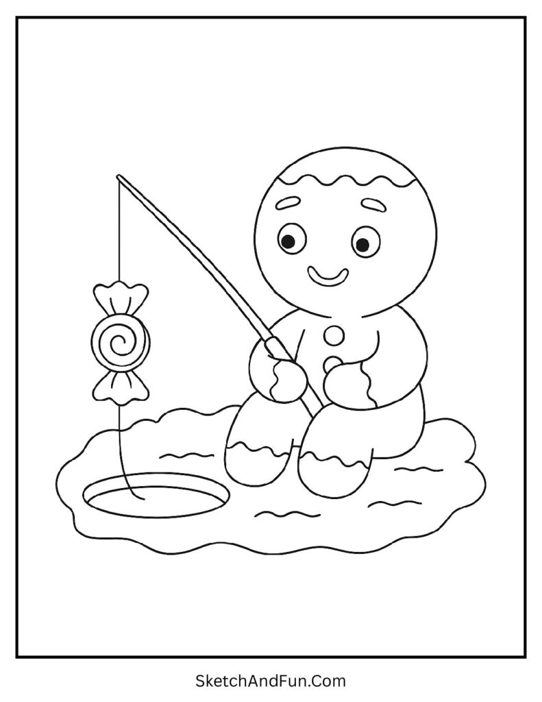 Free gingerbread man coloring pages pdf showing a cookie ice fishing for candy fish.