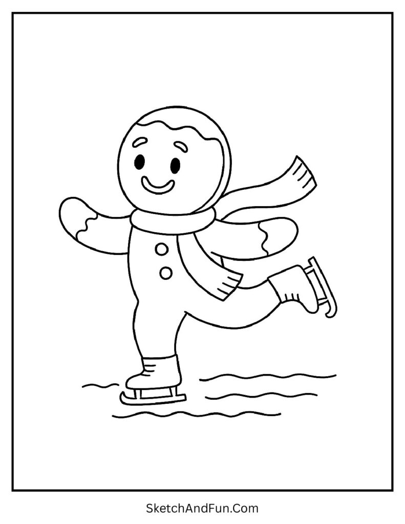 Gingerbread man coloring pages outline of a cookie ice skating with a flowing scarf.