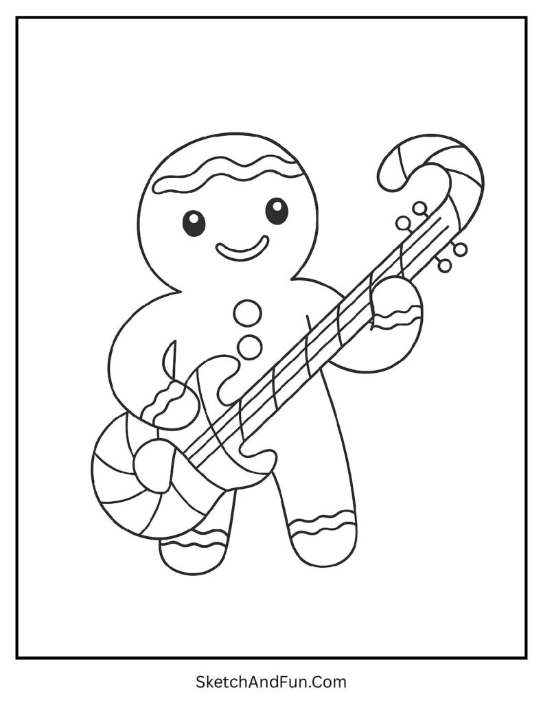 Gingerbread man coloring pages gingerbread family with a cookie playing a candy cane guitar.