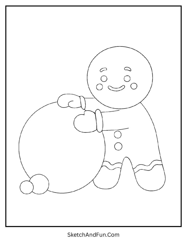 Gingerbread man coloring pages detailed showing a cookie in mittens rolling a big snowball.