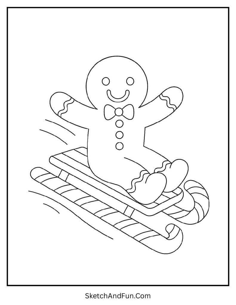 Gingerbread man coloring pages simple with a cookie sledding down a hill on a candy cane sled.