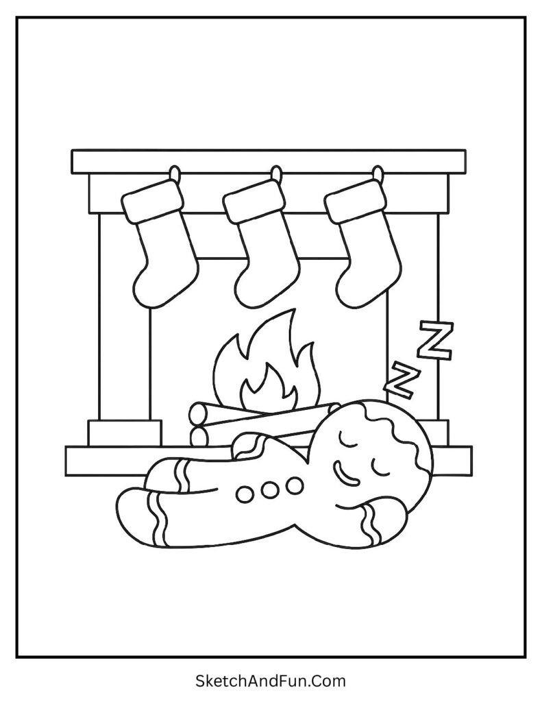 Gingerbread man coloring sheet pdf with a cookie sleeping by a fireplace and stockings.