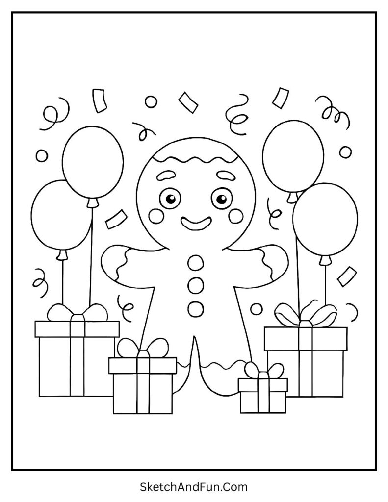 Gingerbread man coloring page easy of a cookie enjoying a Christmas party with gifts and balloons.