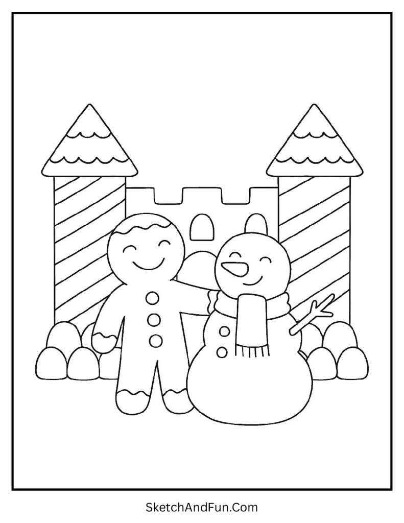Gingerbread man coloring pages black line drawing of a cookie inside a candy castle.