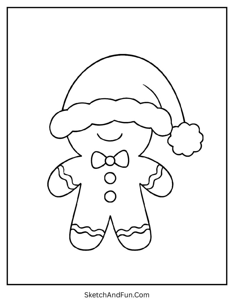 Printable gingerbread man coloring sheet of a cookie in a large Santa hat for holiday fun.