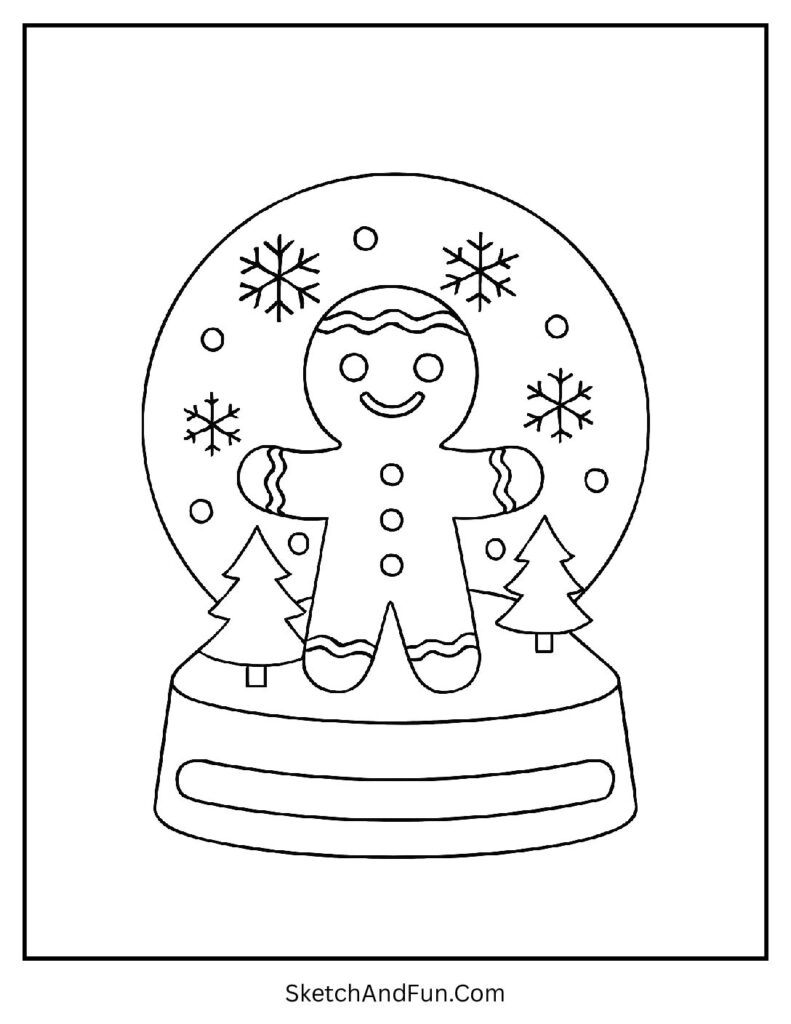 Gingerbread man coloring pages large showing a cookie inside a festive Christmas snow globe.